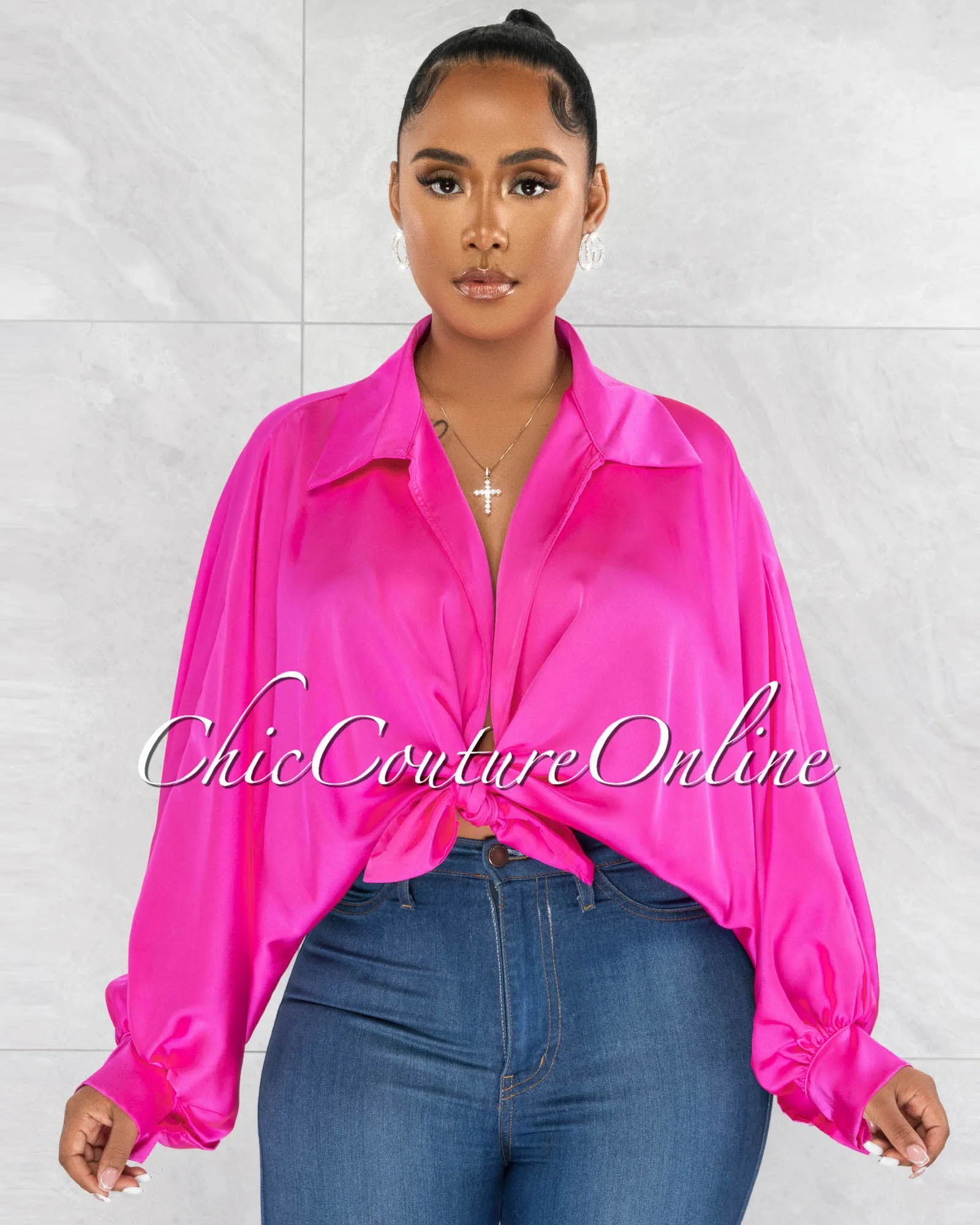 *Pilar Hot Pink Wide Sleeves Silky Blouse sold by Chic Couture