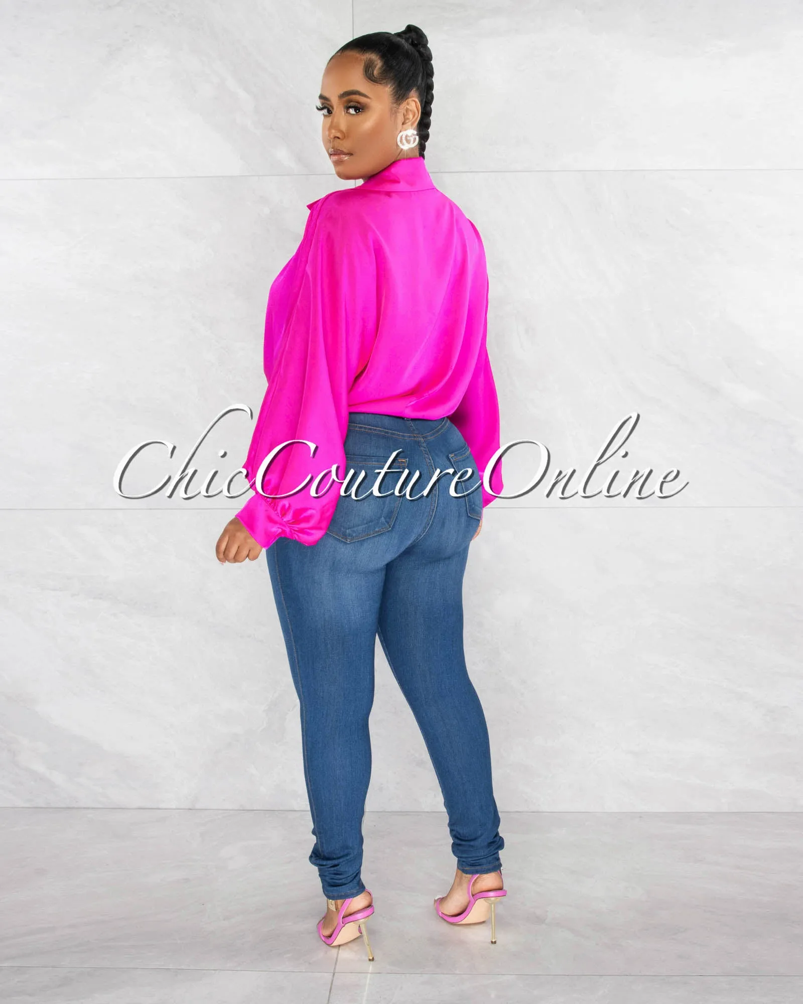 *Pilar Hot Pink Wide Sleeves Silky Blouse sold by Chic Couture product image thumbnail 4