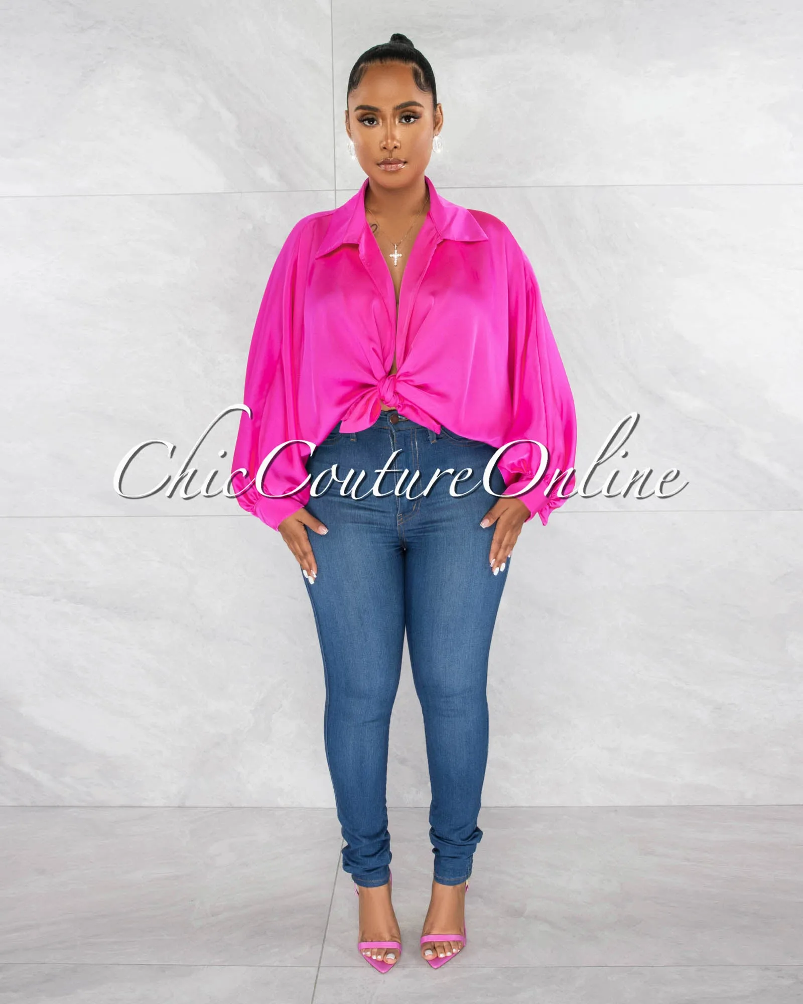 *Pilar Hot Pink Wide Sleeves Silky Blouse sold by Chic Couture product image thumbnail 2