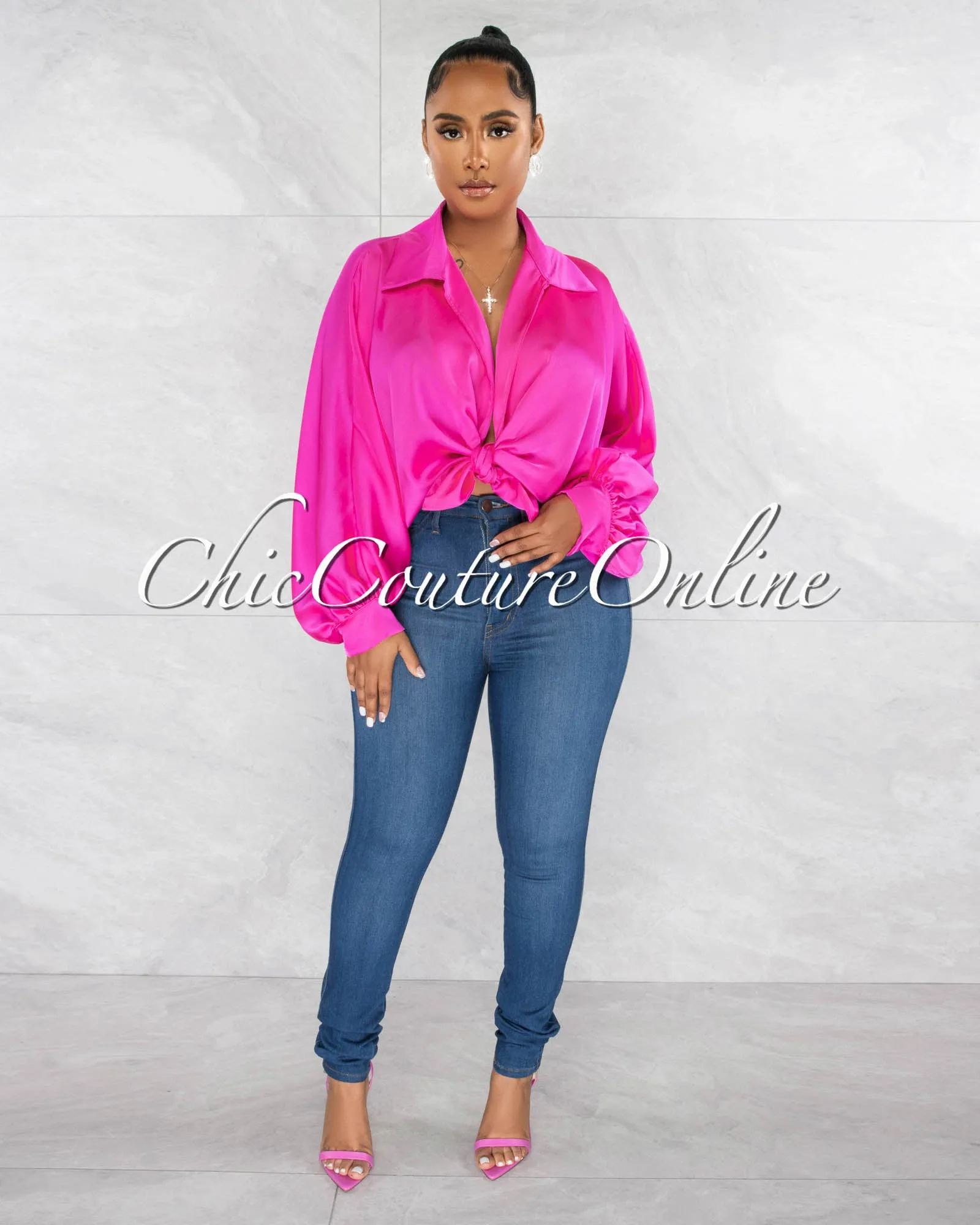 *Pilar Hot Pink Wide Sleeves Silky Blouse sold by Chic Couture product image thumbnail 3