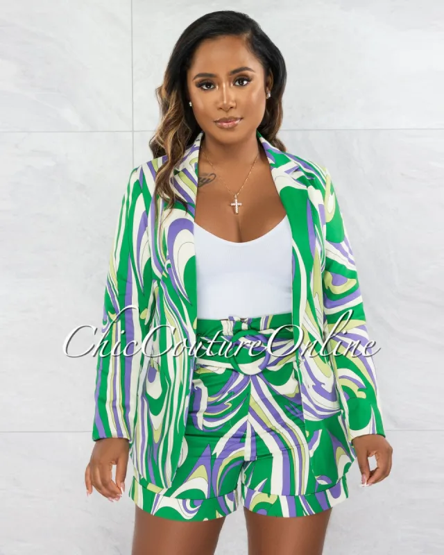 *Jarek Green Purple Print Blazer & Belted Shorts Set sold by chic