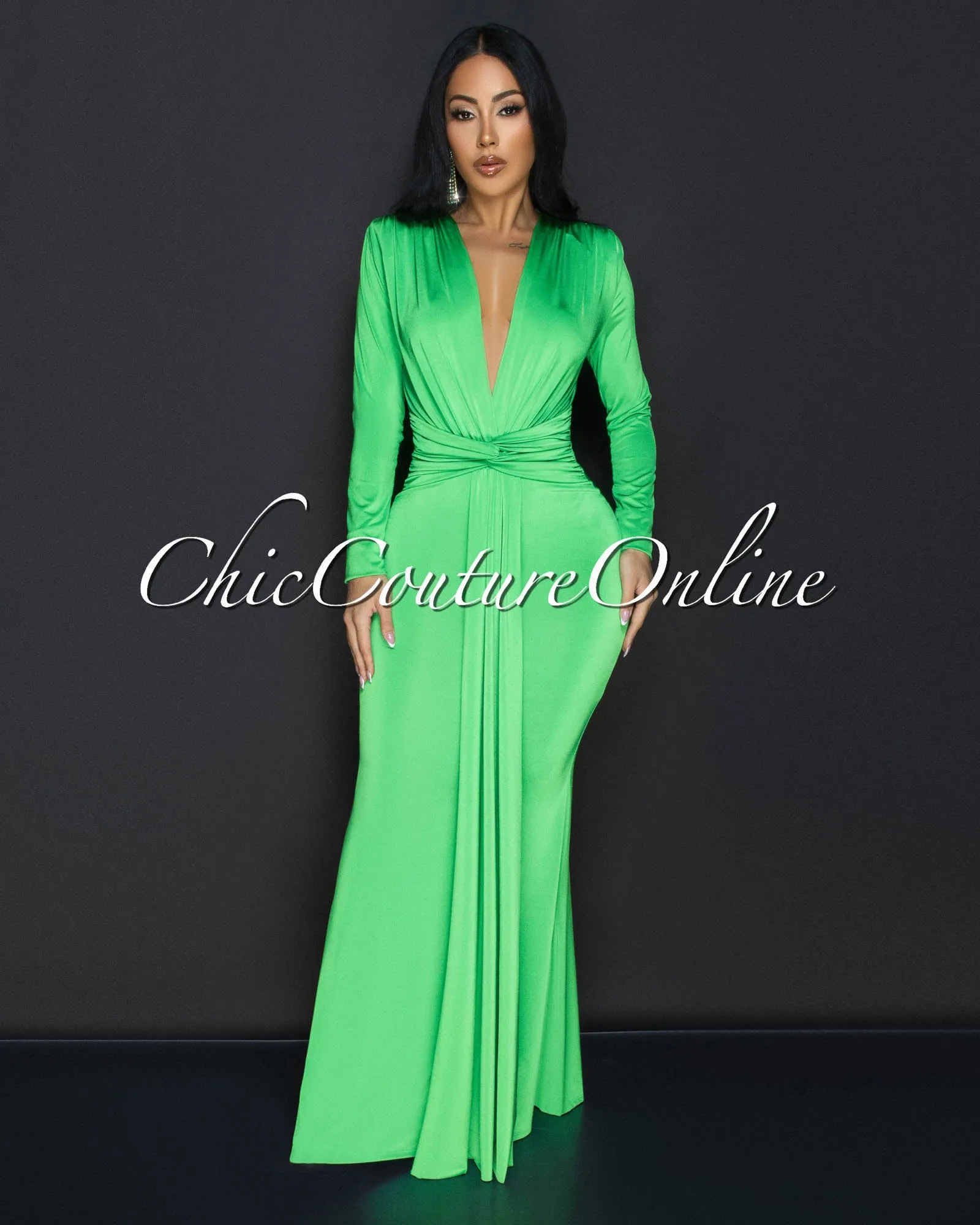 Cordelia Apple Green Long Sleeves Deep V-Neck Maxi Dress sold by Chic Couture product image thumbnail 2