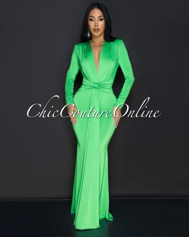 Cordelia Apple Green Long Sleeves Deep V-Neck Maxi Dress sold by Chic Couture