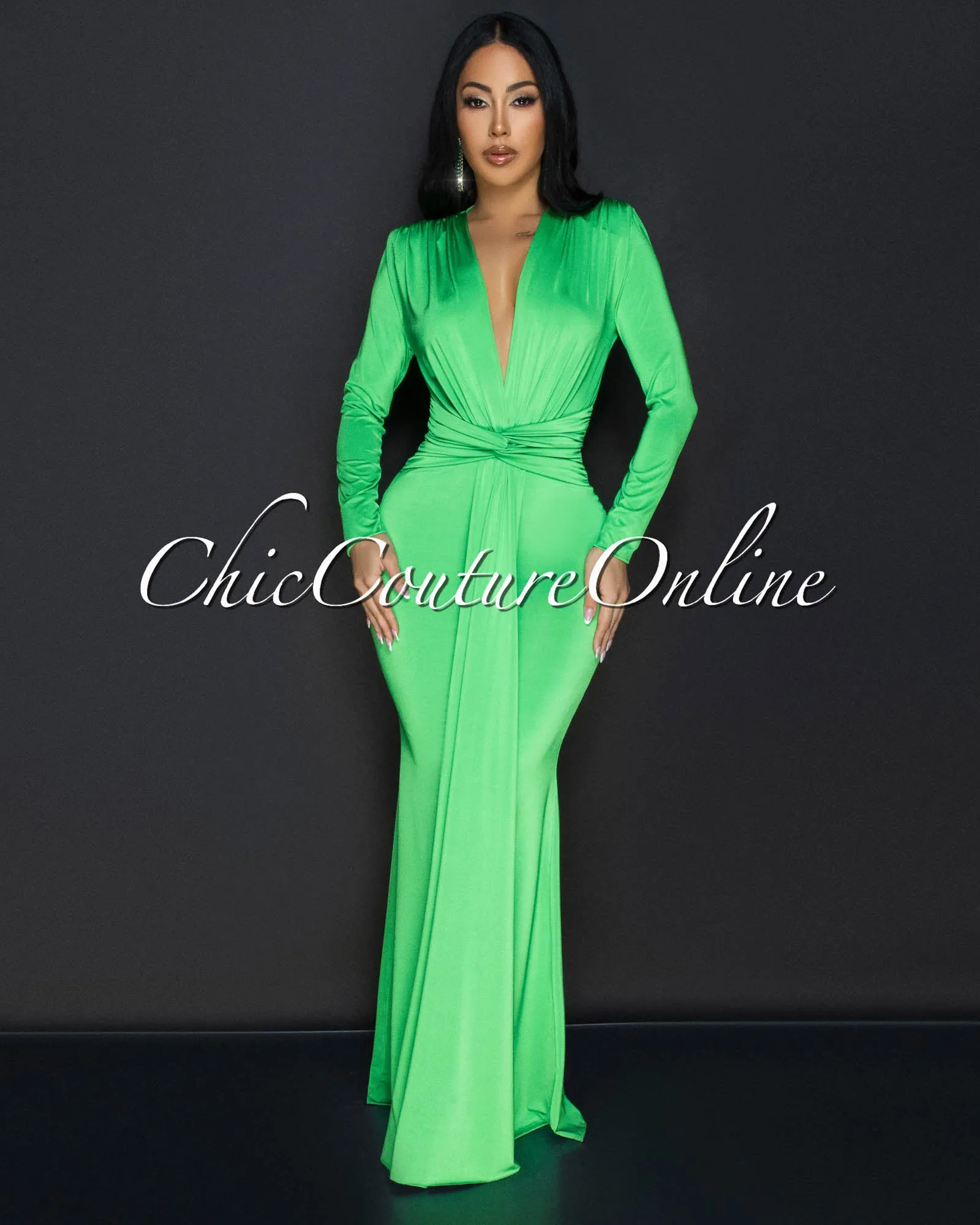 Cordelia Apple Green Long Sleeves Deep V-Neck Maxi Dress sold by Chic Couture