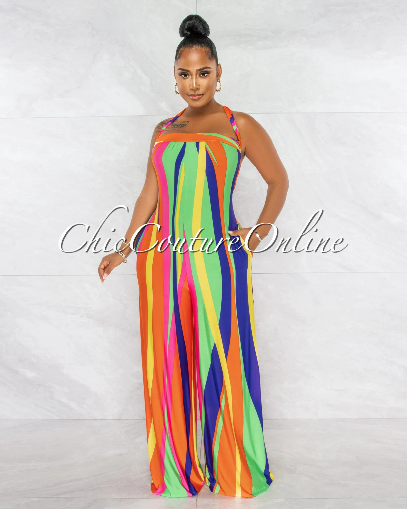 *Monroe Multi-Color Retro Strapless Jumpsuit sold by Chic Couture