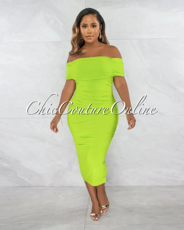 *Belkis Neon Lime Ruched Off-The-Shoulder Midi Dress sold by Chic Couture
