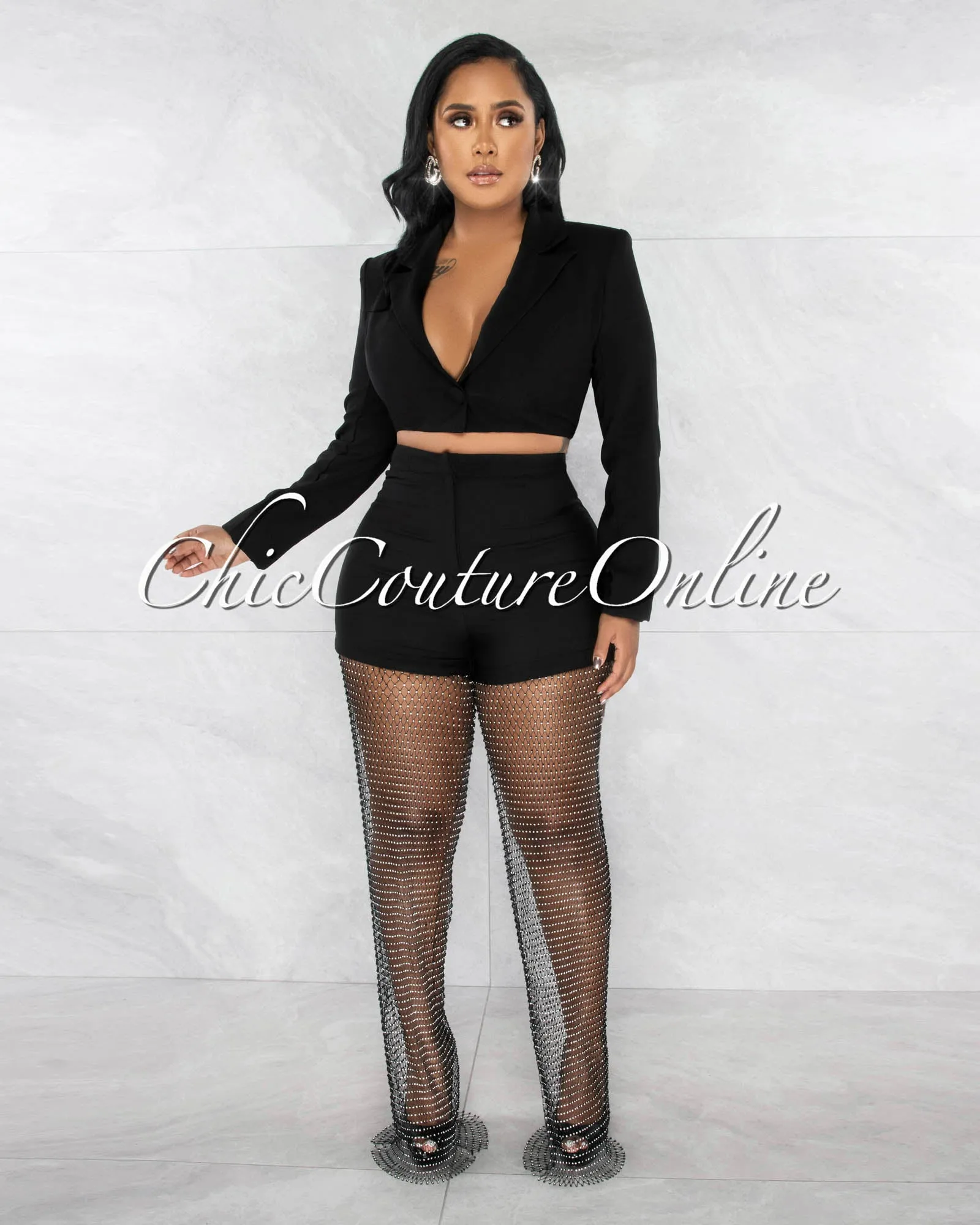 *Amaranto Black Crop Blazer & Mesh Rhinestones Pants Set sold by Chic Couture
