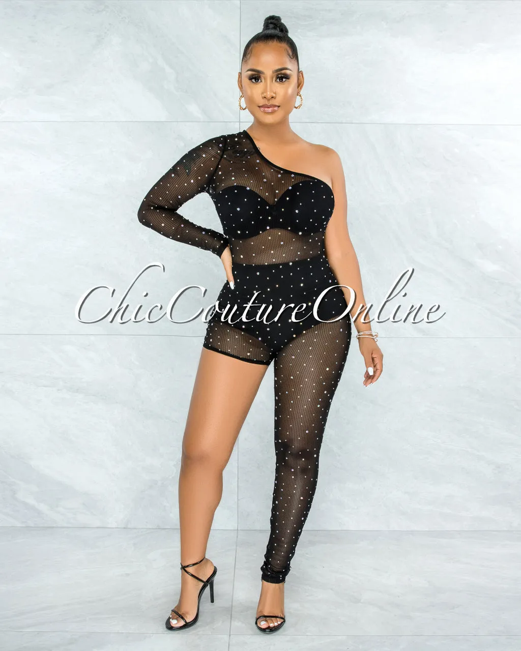 Mason Black Mesh Rhinestones Single Leg Jumpsuit sold by Chic Couture product image thumbnail 3