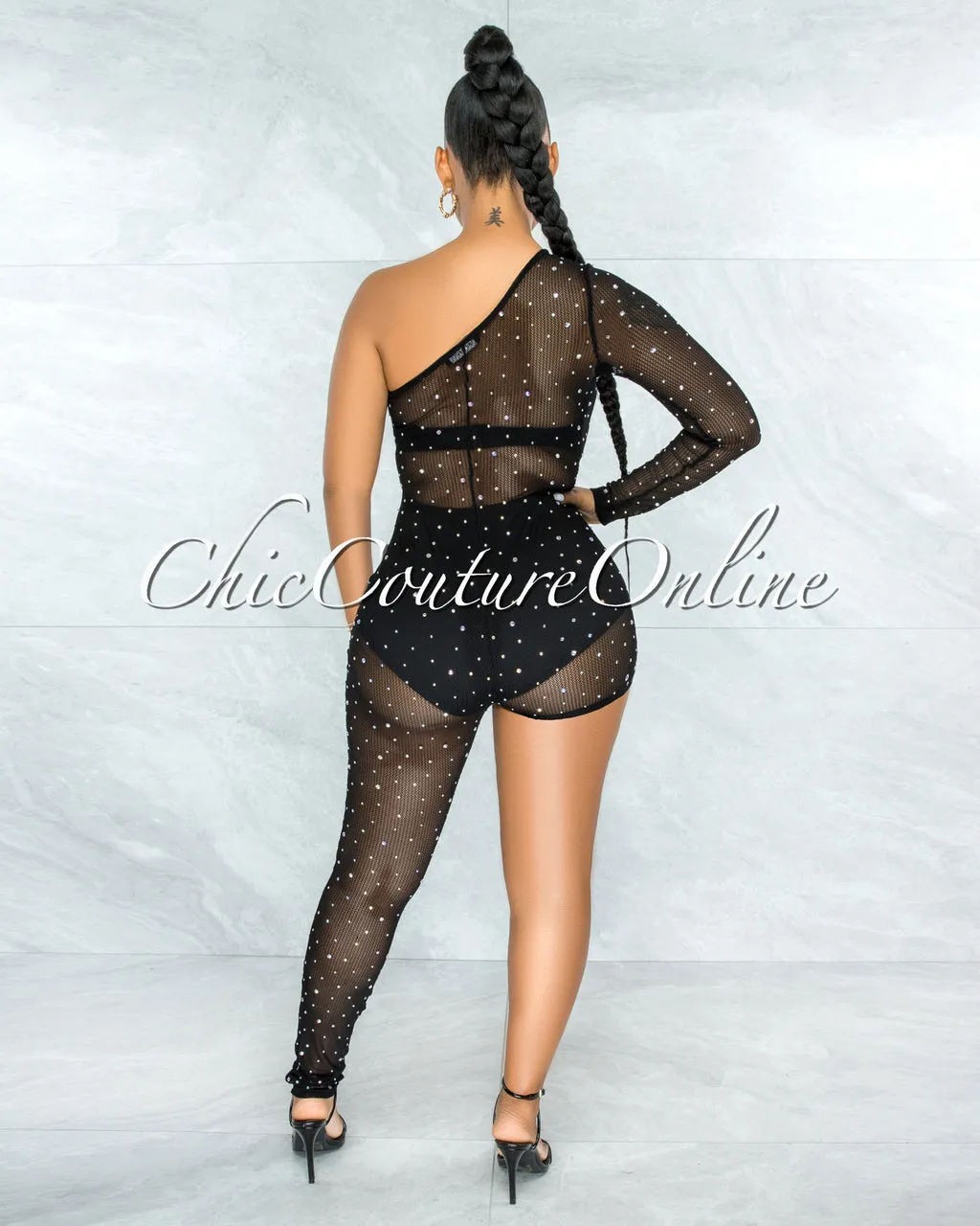 Mason Black Mesh Rhinestones Single Leg Jumpsuit sold by Chic Couture product image thumbnail 4