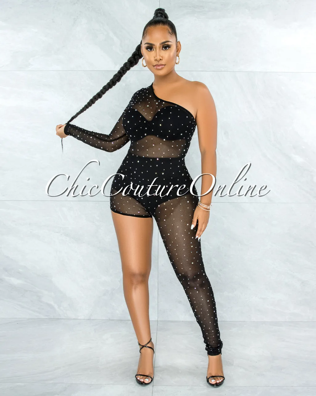 Mason Black Mesh Rhinestones Single Leg Jumpsuit sold by Chic Couture