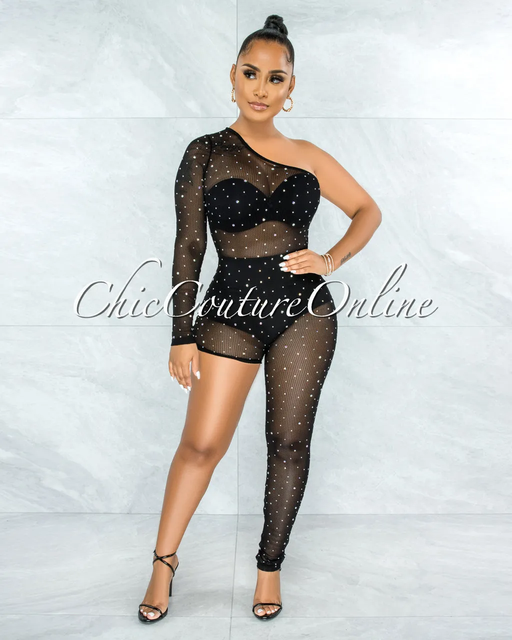Mason Black Mesh Rhinestones Single Leg Jumpsuit sold by Chic Couture product image thumbnail 2