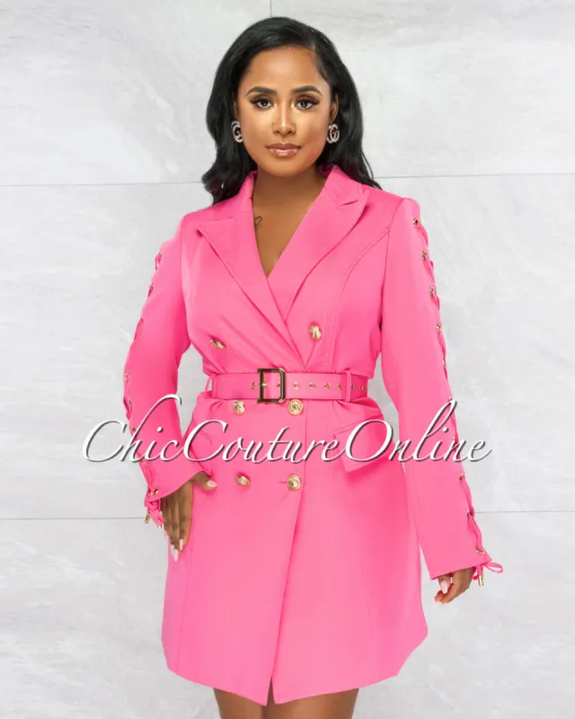 *Rusalka Hot Pink Double Trench Gold Buttons Belt Dress sold by Chic Couture