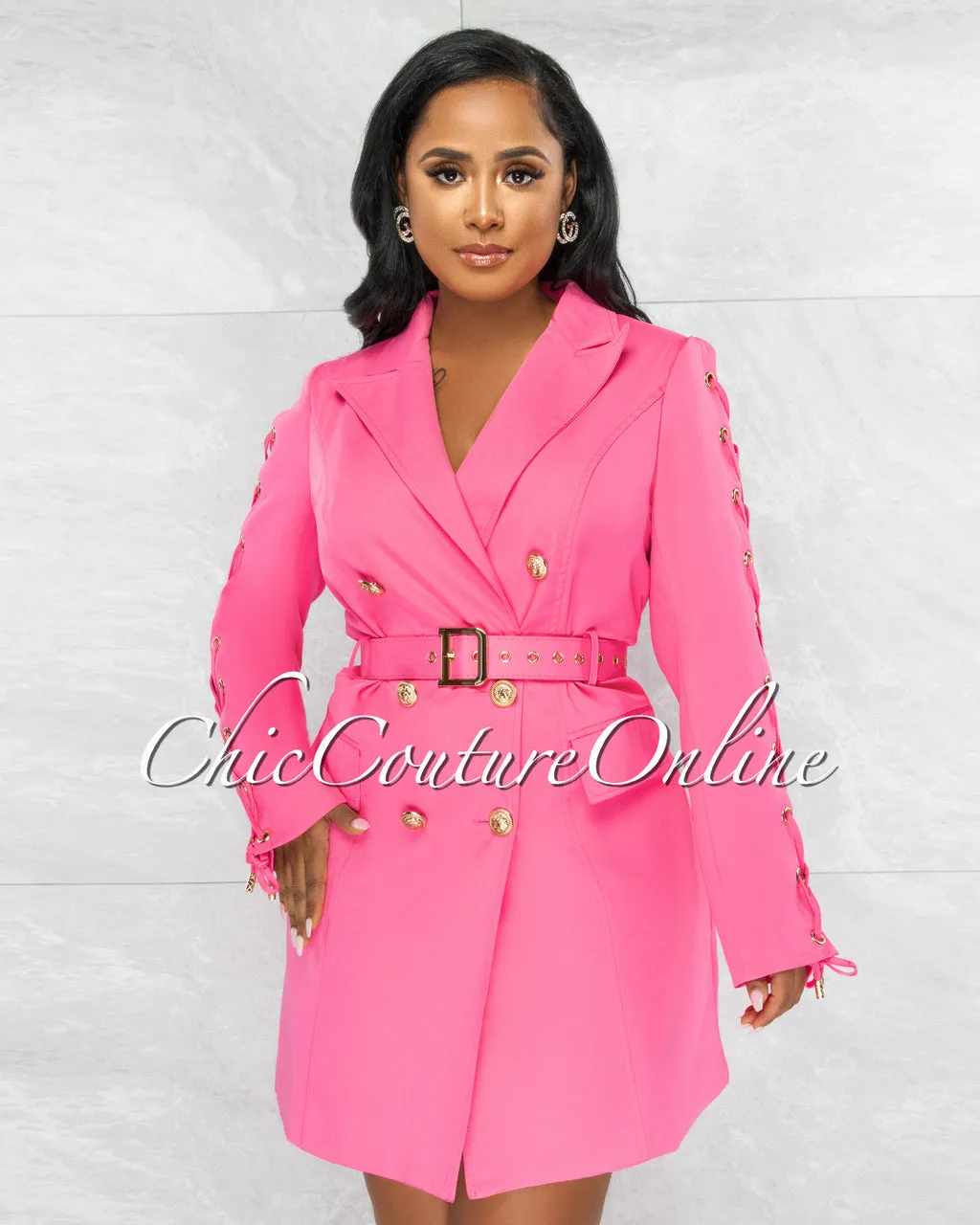 *Rusalka Hot Pink Double Trench Gold Buttons Belt Dress sold by Chic Couture