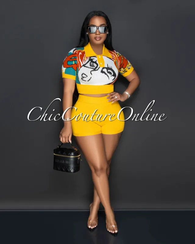 Keyah Mustard Multi-Color Print Crop Top & Shorts Knit Set sold by Chic Couture
