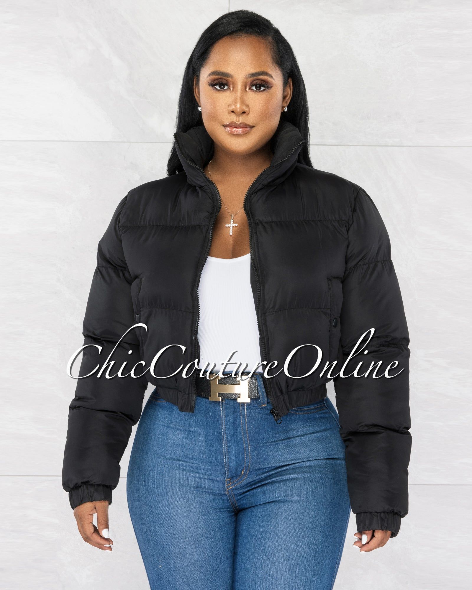 *Alexa Black Puffy Bomber Jacket sold by Chic Couture product image thumbnail 4
