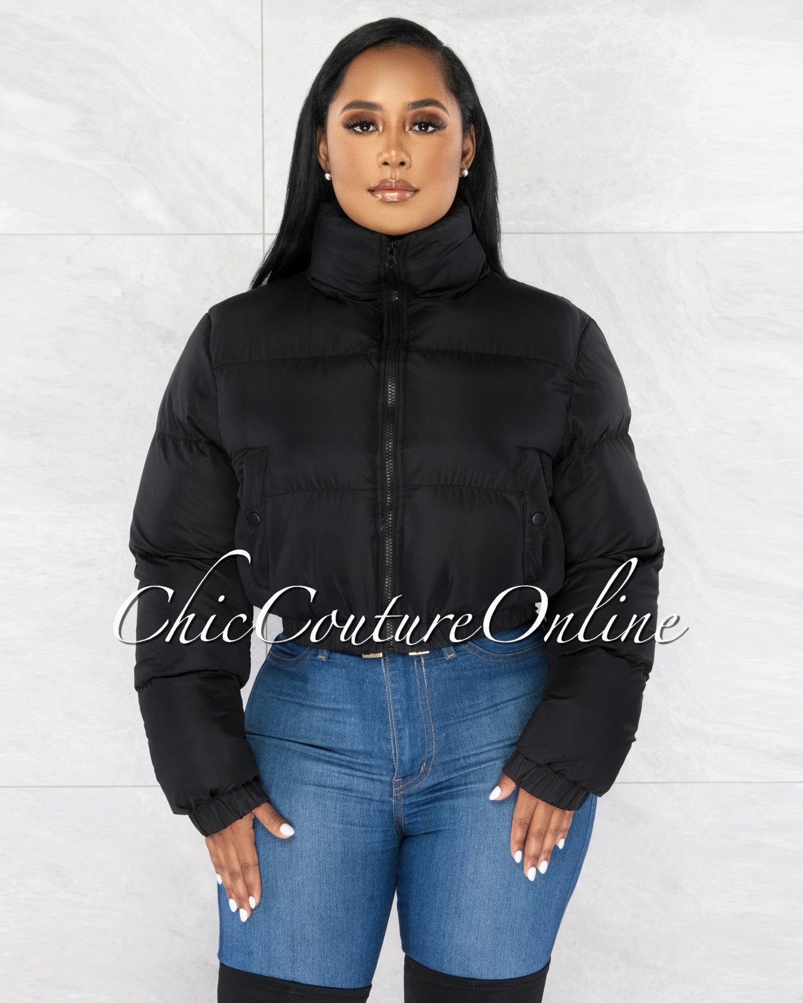 *Alexa Black Puffy Bomber Jacket sold by Chic Couture