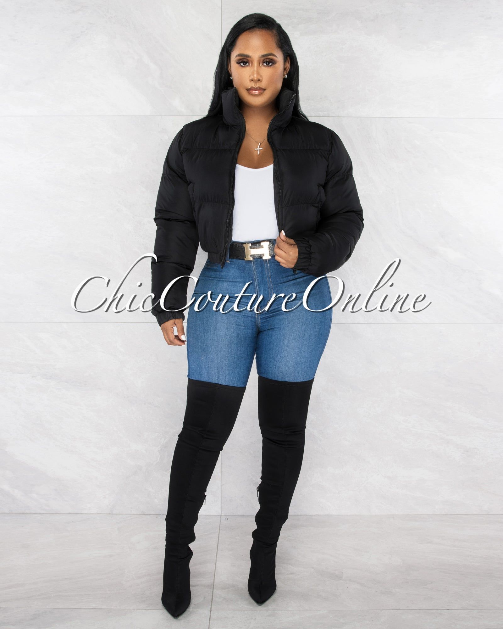 *Alexa Black Puffy Bomber Jacket sold by Chic Couture product image thumbnail 3