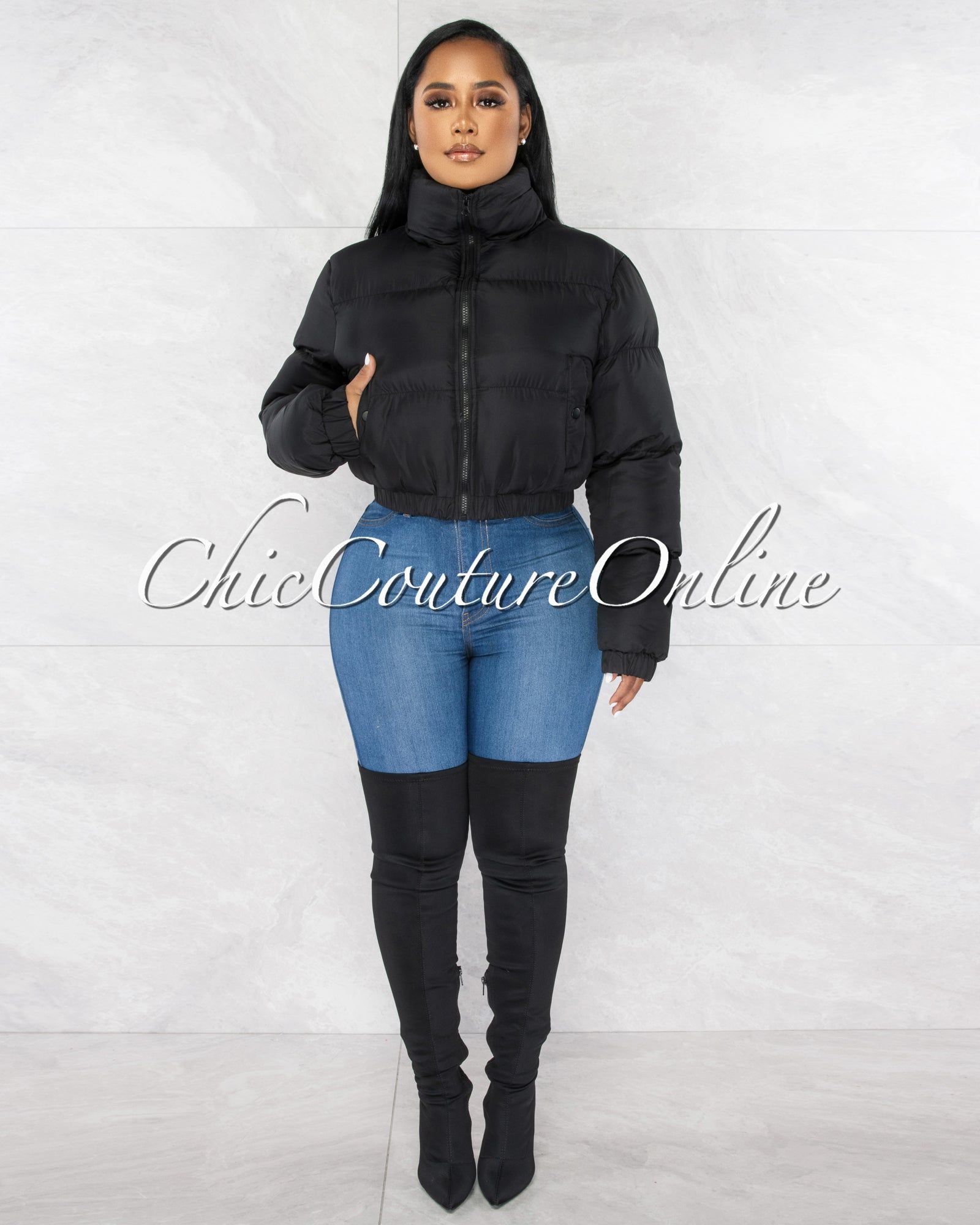 *Alexa Black Puffy Bomber Jacket sold by Chic Couture product image thumbnail 2