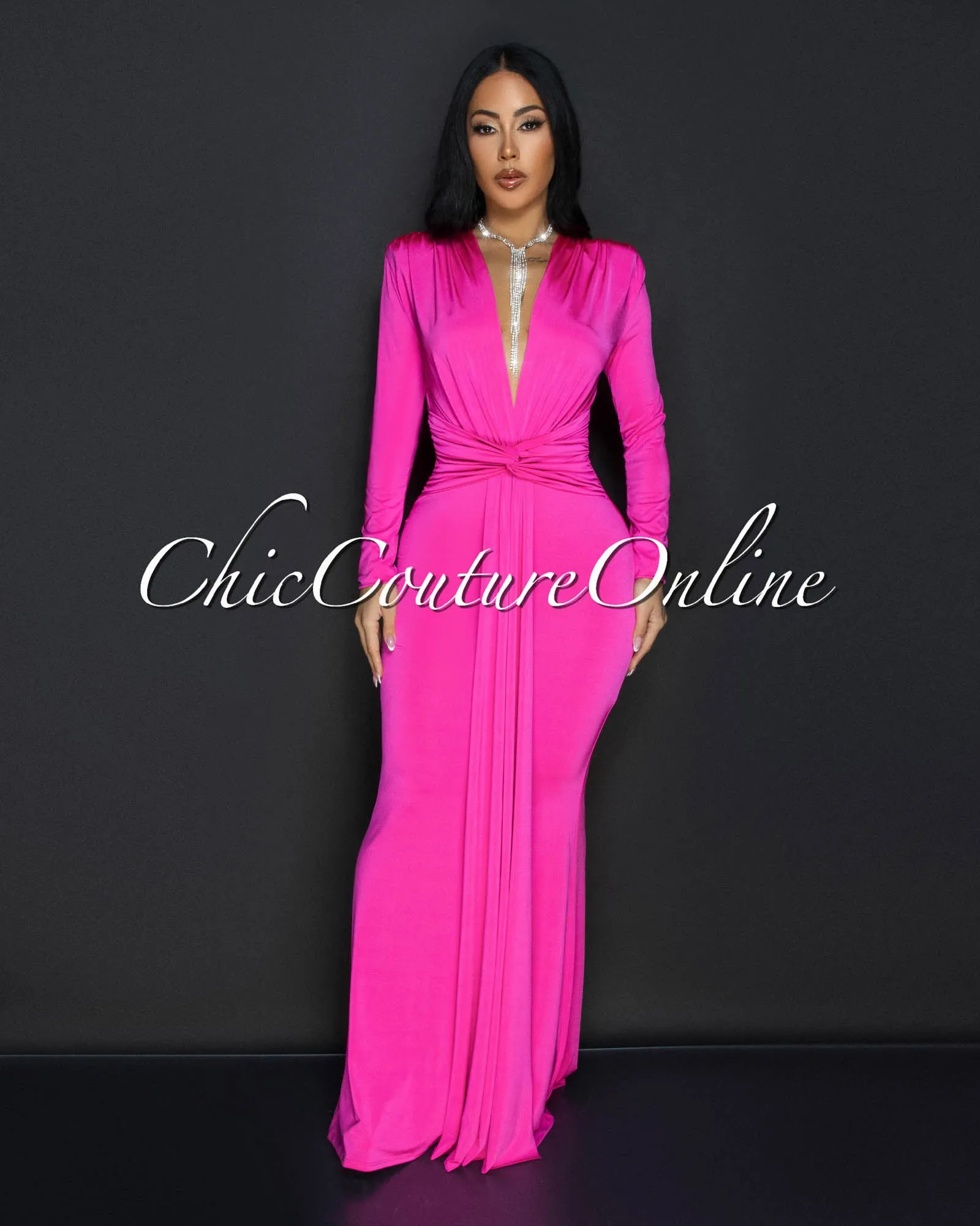 Cordelia Fuchsia Long Sleeves Deep V-Neck Maxi Dress sold by Chic Couture product image thumbnail 2