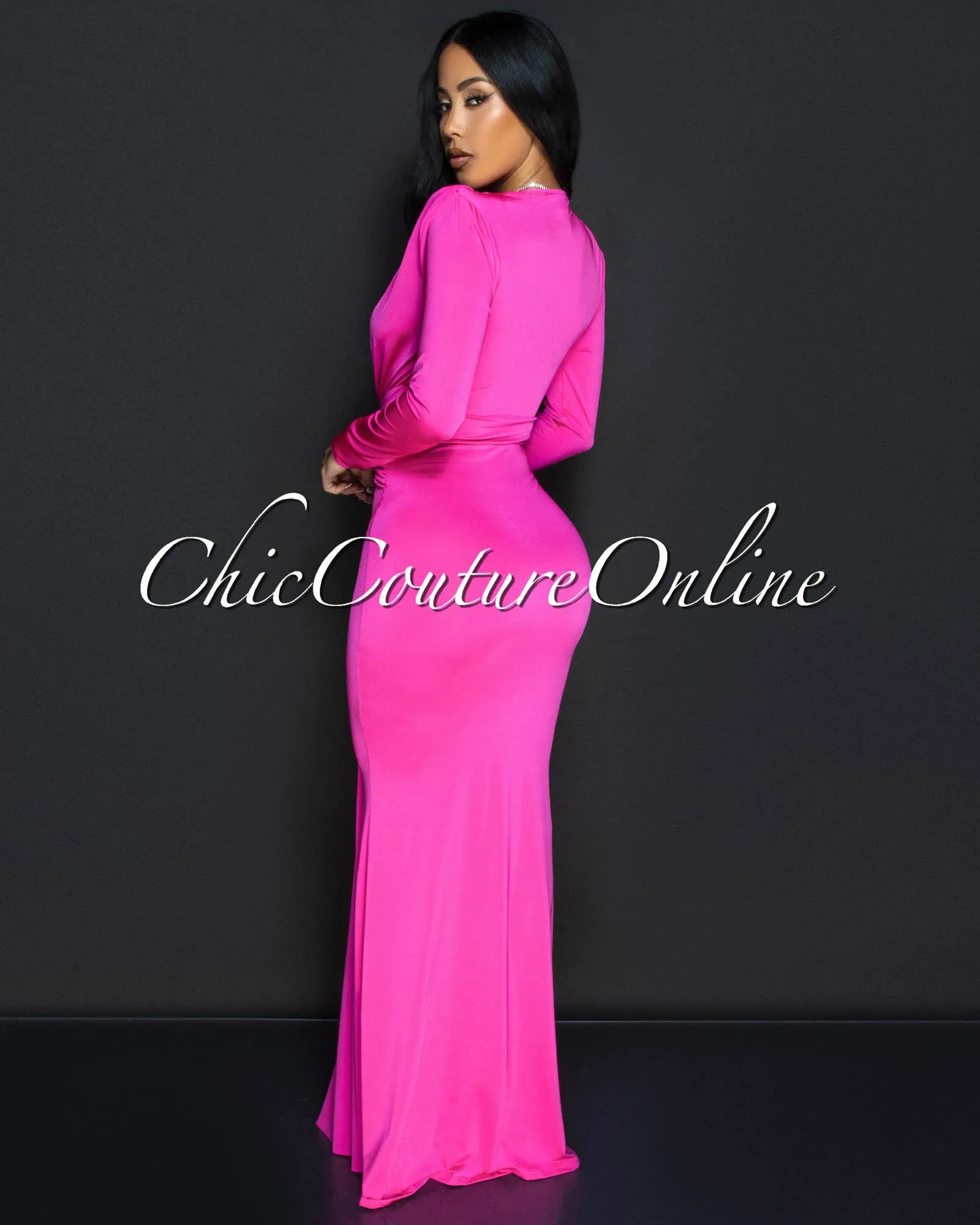 Cordelia Fuchsia Long Sleeves Deep V-Neck Maxi Dress sold by Chic Couture product image thumbnail 4