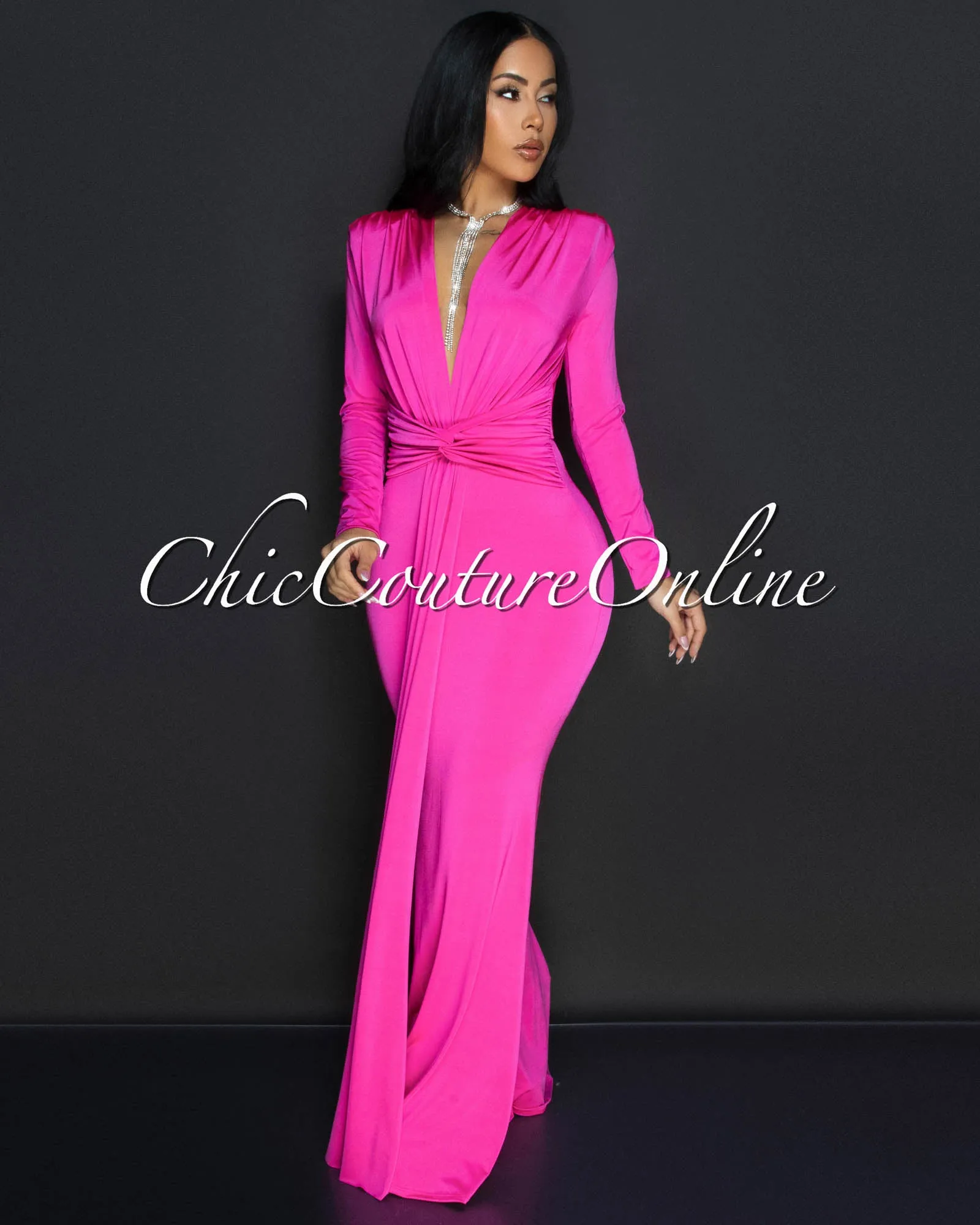 Cordelia Fuchsia Long Sleeves Deep V-Neck Maxi Dress sold by Chic Couture product image thumbnail 3