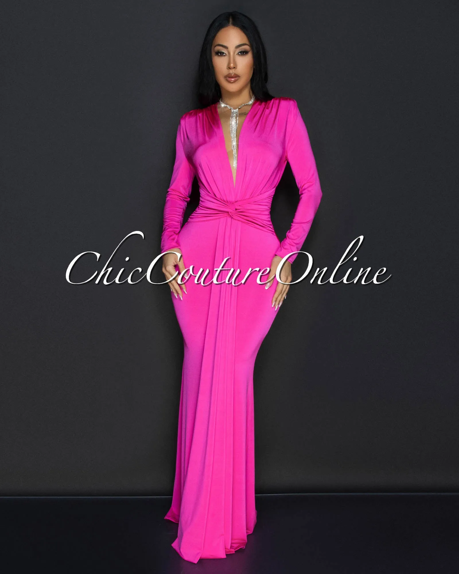 Cordelia Fuchsia Long Sleeves Deep V-Neck Maxi Dress sold by Chic Couture