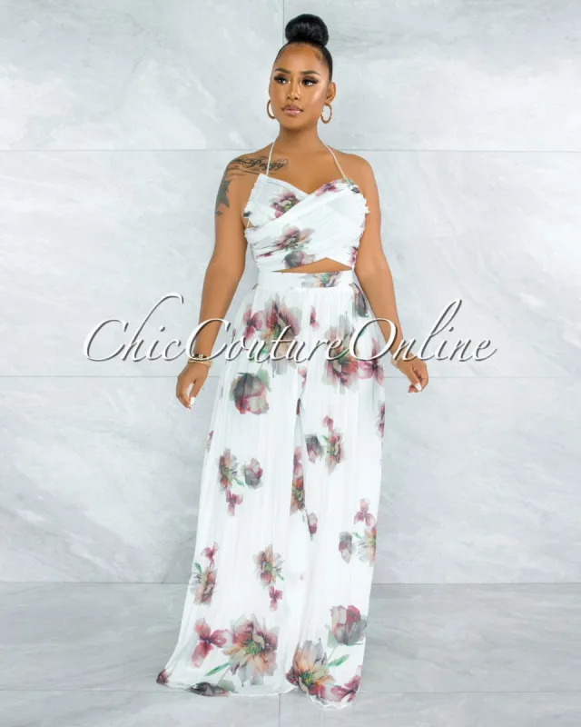 *Adwin White Floral Print Crossed Top & Pleated Pants Set sold by Chic Couture