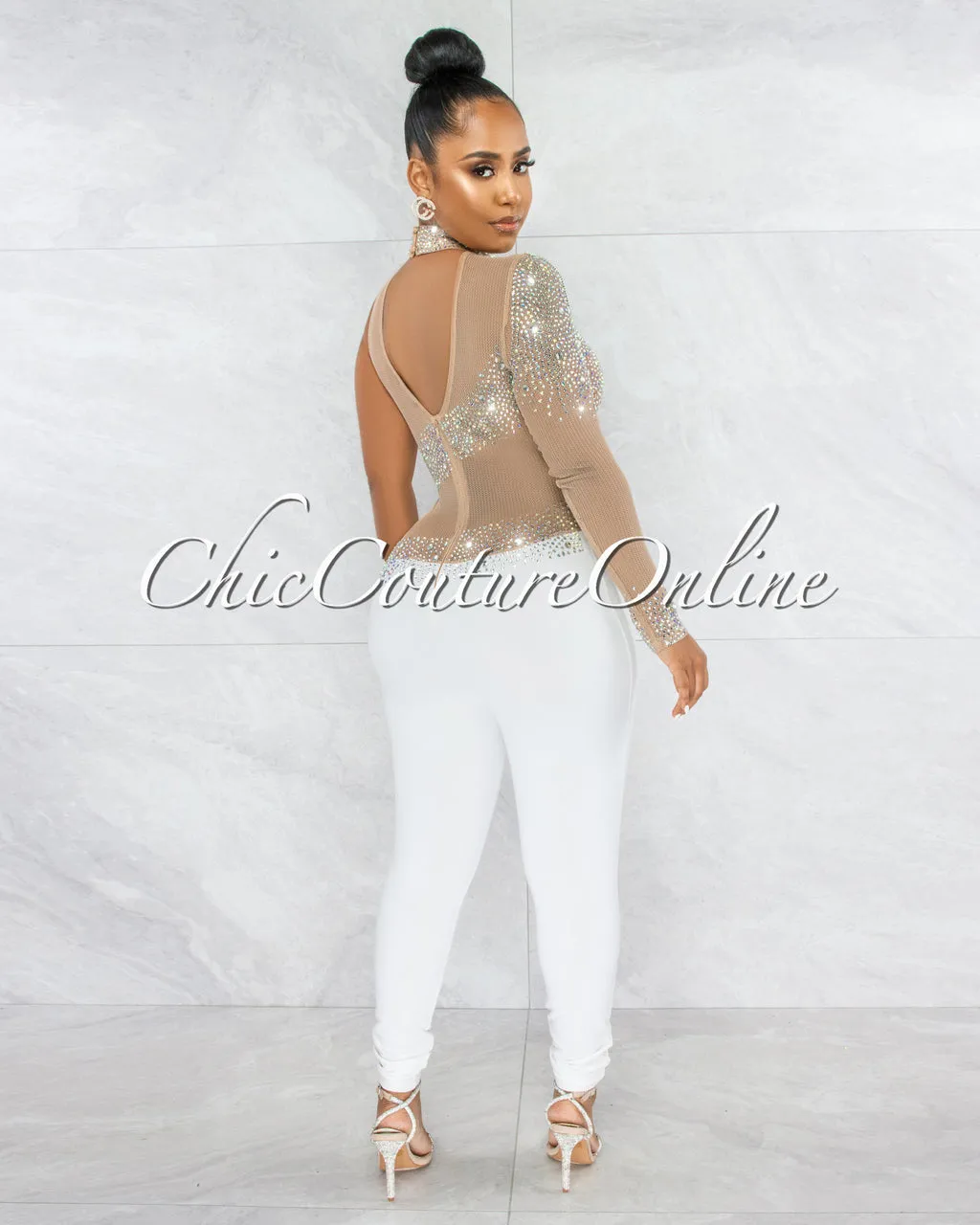 *Zulia Nude White Mesh Rhinestones Single Sleeve Jumpsuit sold by Chic Couture product image thumbnail 4