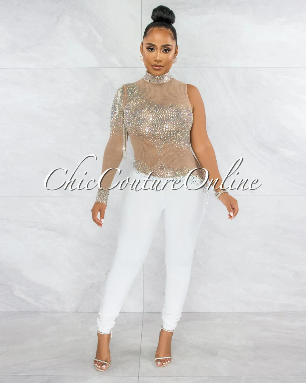 *Zulia Nude White Mesh Rhinestones Single Sleeve Jumpsuit sold by Chic Couture