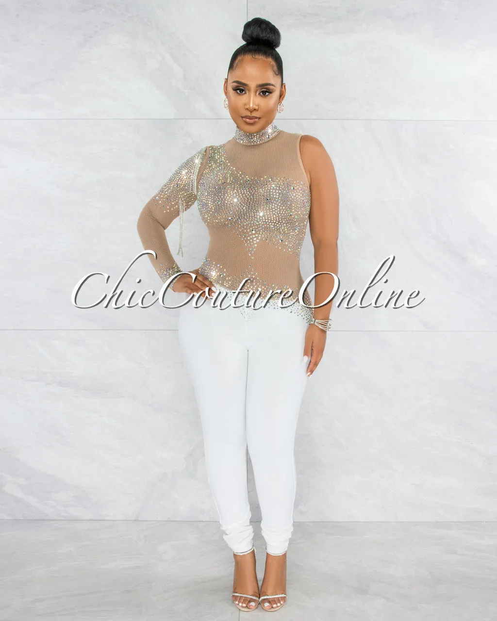*Zulia Nude White Mesh Rhinestones Single Sleeve Jumpsuit sold by Chic Couture product image thumbnail 2