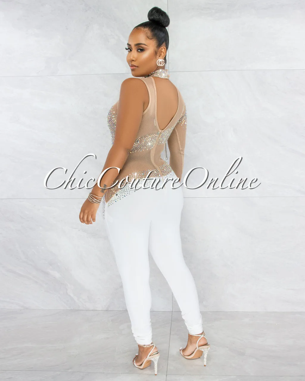 *Zulia Nude White Mesh Rhinestones Single Sleeve Jumpsuit sold by Chic Couture product image thumbnail 3