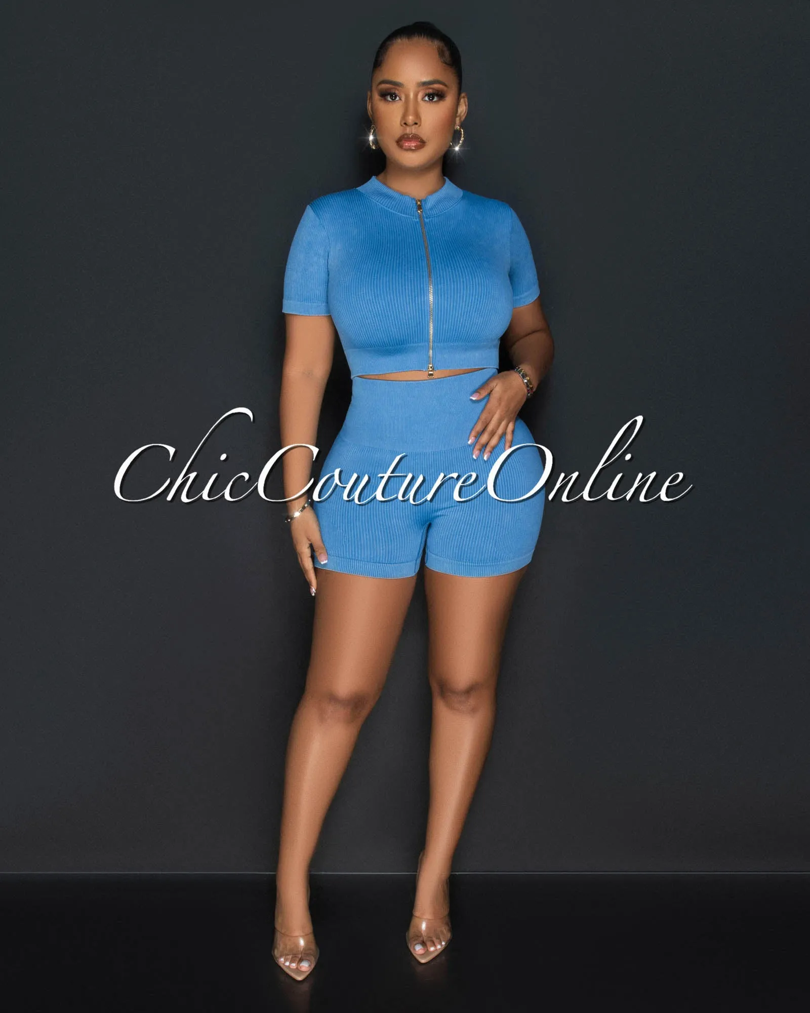 Farris Blue Gold Zipper Ribbed Crop Top & Ruched Shorts Set sold by Chic Couture product image thumbnail 2