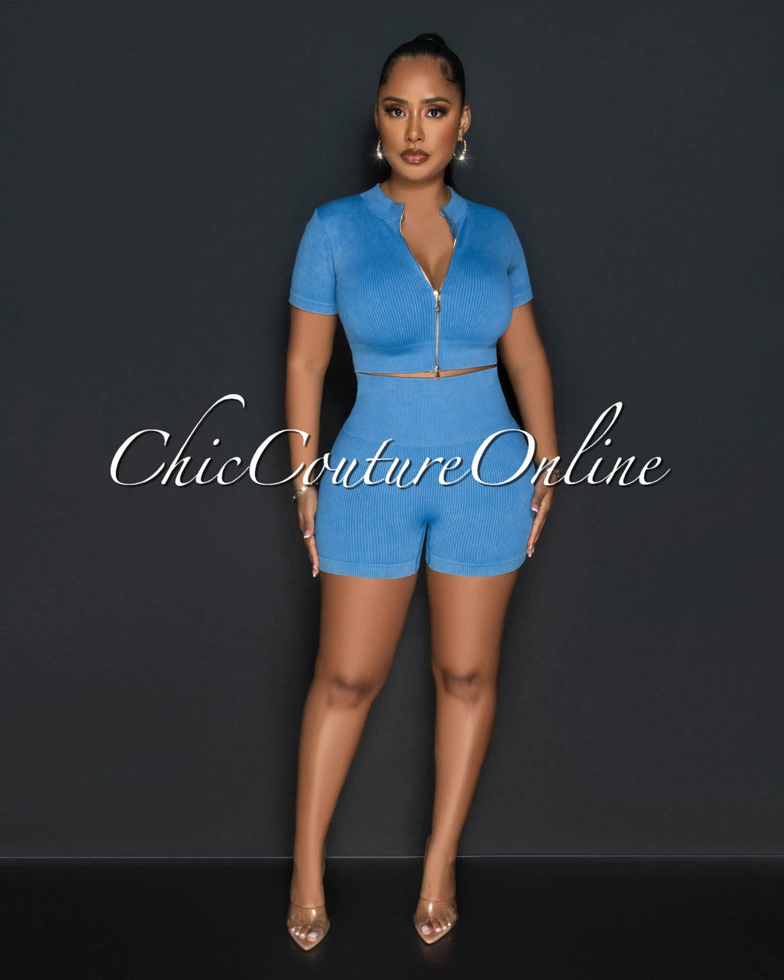 Farris Blue Gold Zipper Ribbed Crop Top & Ruched Shorts Set sold by Chic Couture