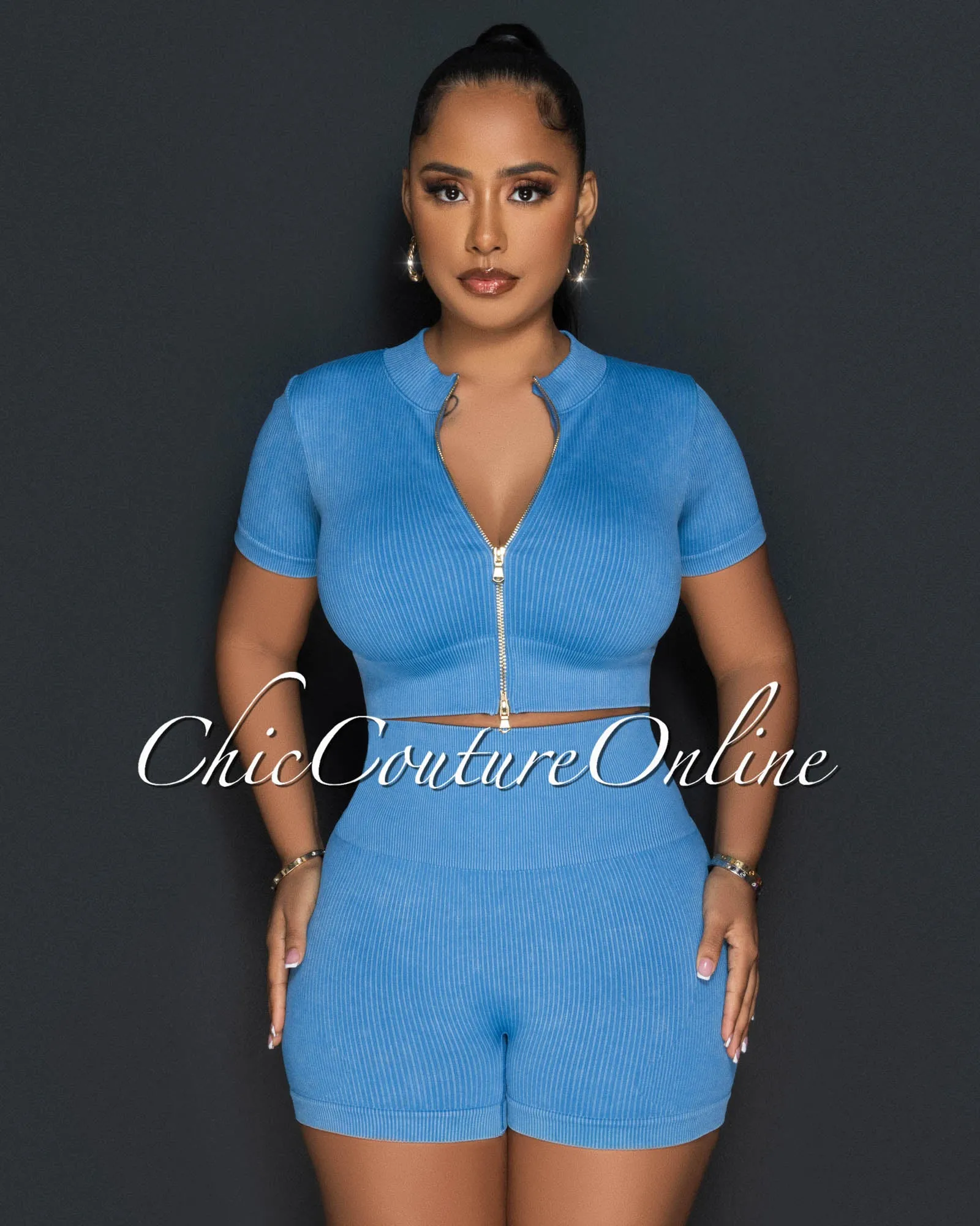Farris Blue Gold Zipper Ribbed Crop Top & Ruched Shorts Set sold by Chic Couture product image thumbnail 4
