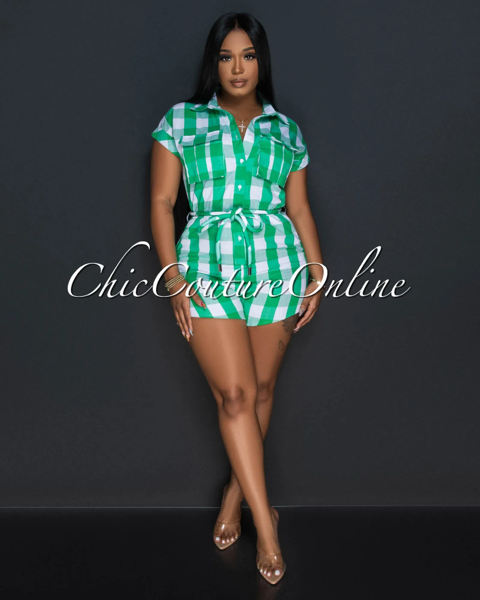 *Olinda Green White Plaid Print Utility Romper sold by Chic Couture