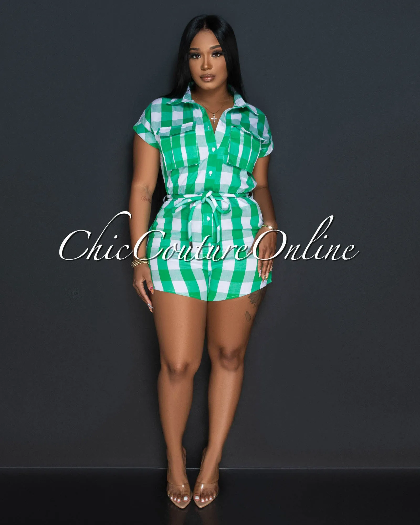 *Olinda Green White Plaid Print Utility Romper sold by Chic Couture product image thumbnail 2