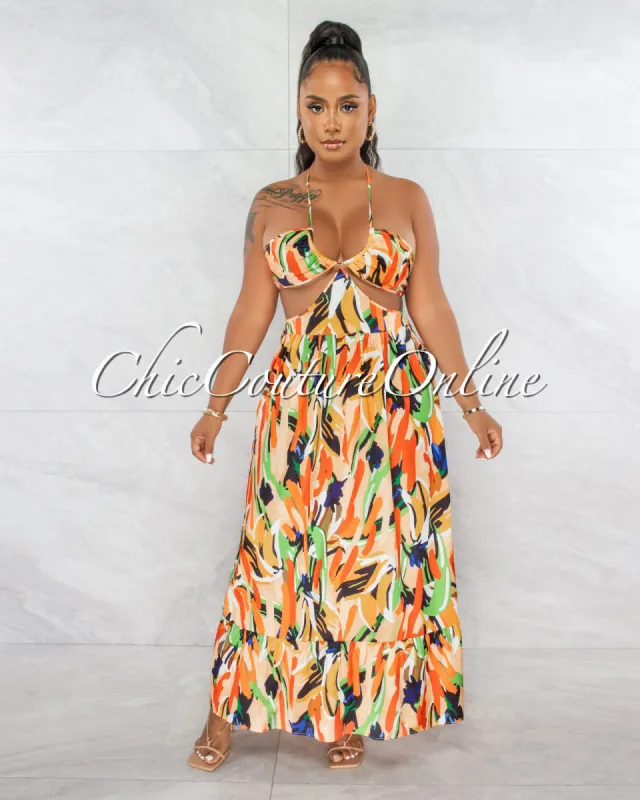 *Karol Orange Multi-Color Print Halter Cut-Out Maxi Dress sold by Chic Couture