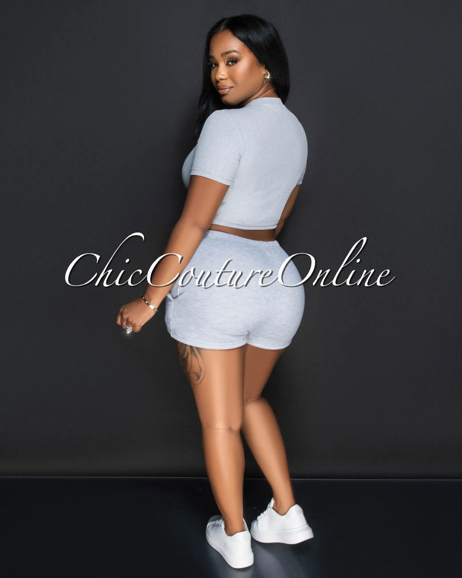 Monola Grey Ribbed Crop Top & Shorts Set sold by Chic Couture product image thumbnail 2