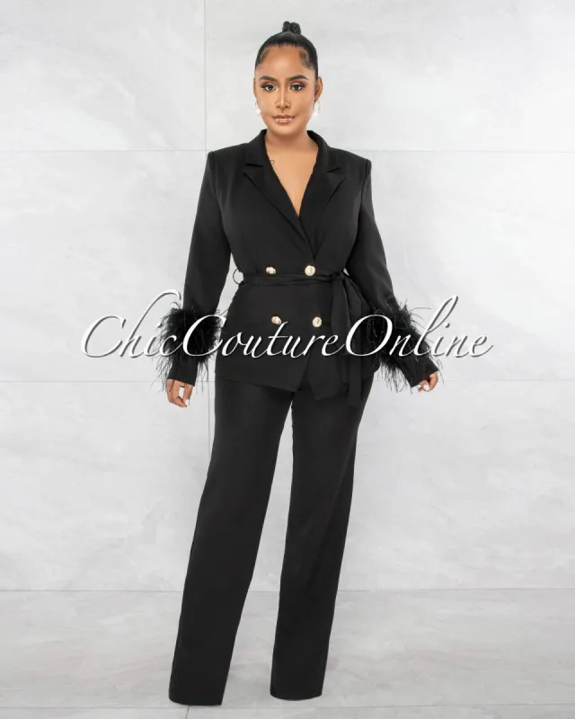 *Geary Black Feather Cuffs Self-Tie Blazer & Wide Pants Suit Set sold by Chic Couture