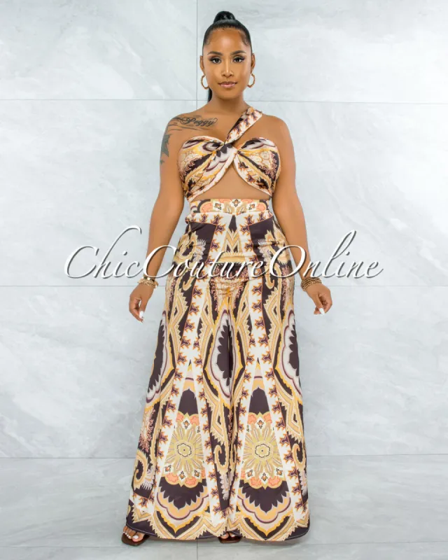 *Alston Brown Gold Print Multi-Way Top & Wide Legs Set sold by Chic Couture