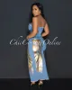 Darnell Light Denim Gold Foil High Slit Maxi Dress sold by Chic Couture