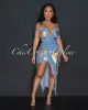 Darnell Light Denim Gold Foil High Slit Maxi Dress sold by Chic Couture