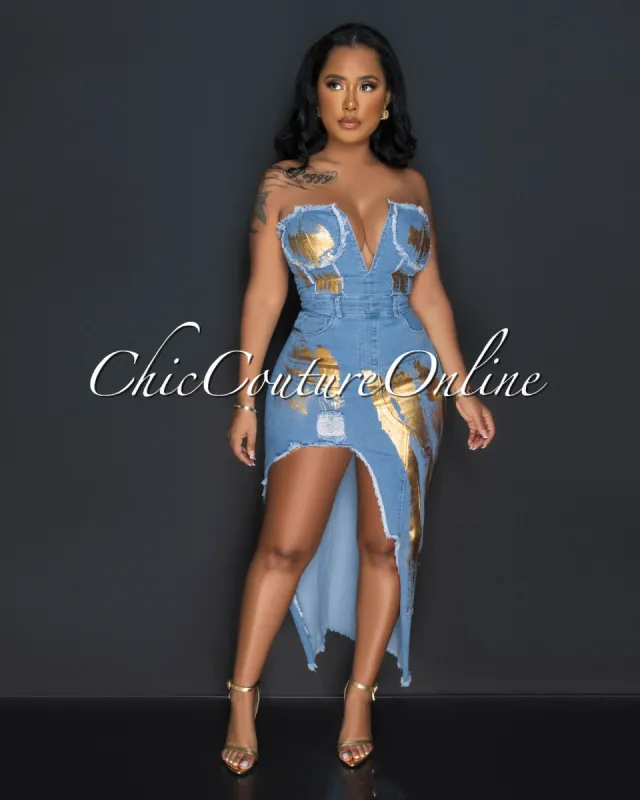 Darnell Light Denim Gold Foil High Slit Maxi Dress sold by Chic Couture