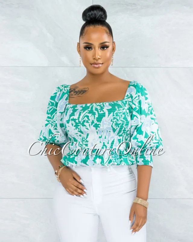 Pyrena Green Blue Print Smocked Bubble Sleeves Crop Top sold by chic