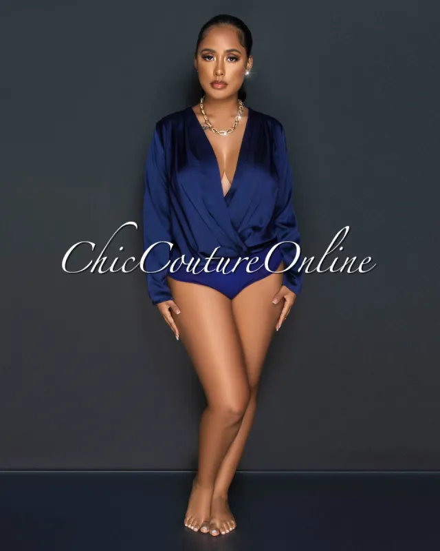 Terria Navy Blue Long Sleeves Draped Silky Bodysuit sold by Chic Couture