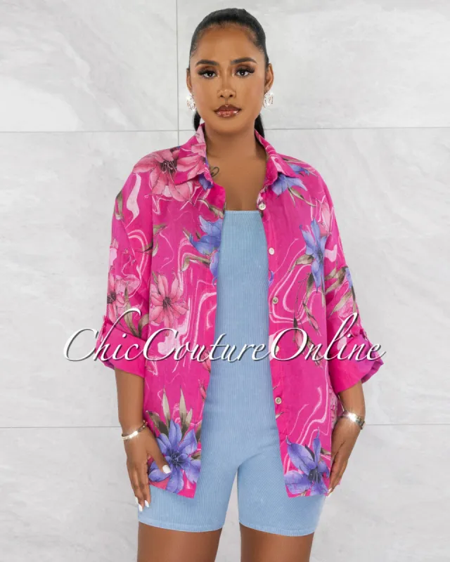 *Redia Fuchsia Floral Print Over-Sized Linen Shirt sold by Chic Couture