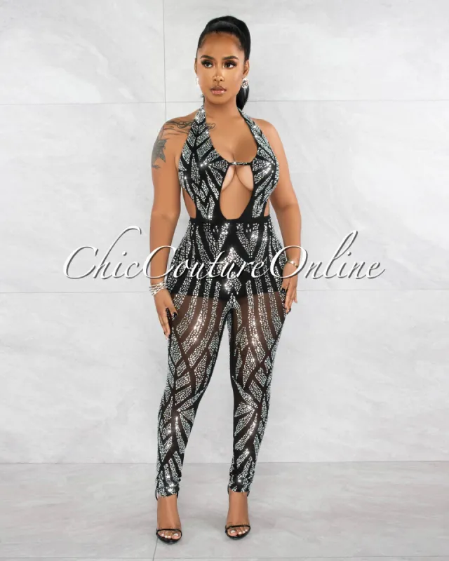 *Debrina Black Rhinestones Deep-V Halter Jumpsuit sold by Chic Couture