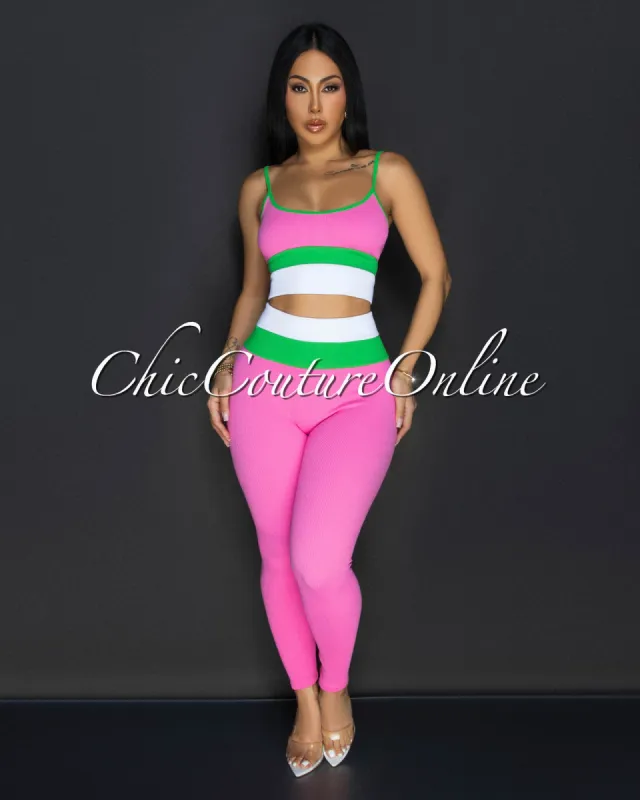Clarisette Pink Multi-Color Crop Top & Leggings Ribbed Sculpting Set sold by Chic Couture