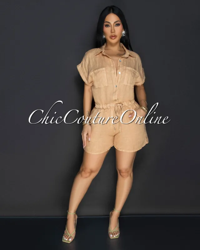 Moren Nude Linen Romper sold by Chic Couture