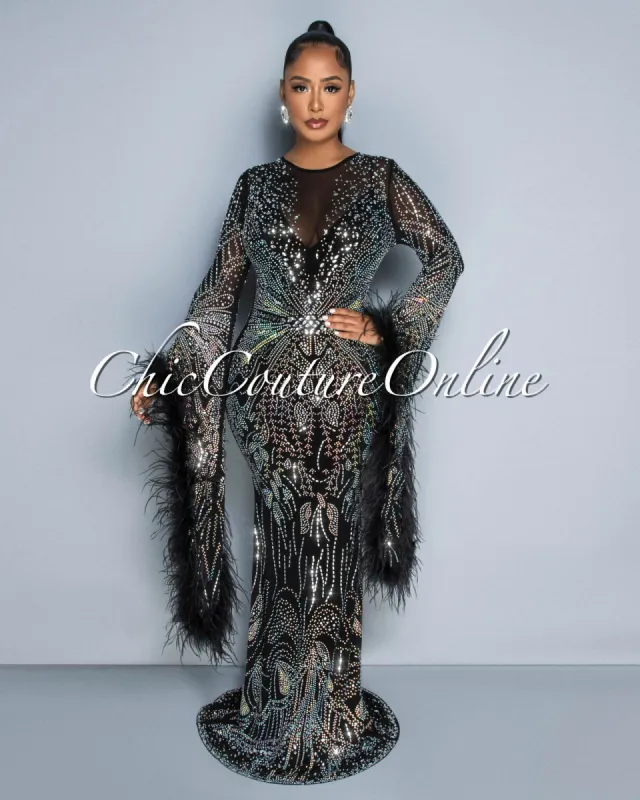 *Lessia Black Rhinestones Feather Sleeves Statement Maxi Dress sold by Chic Couture